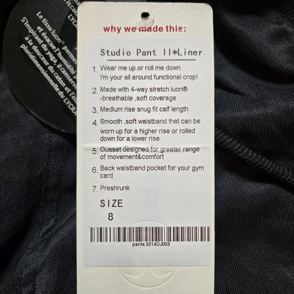 Lululemon Studio Pant II Liner Womens Size 8 Black Luon Pockets Adjustable NWT - Picture 6 of 8